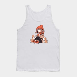 Cute dog mom drinking hot chocolate with her dogs Tank Top